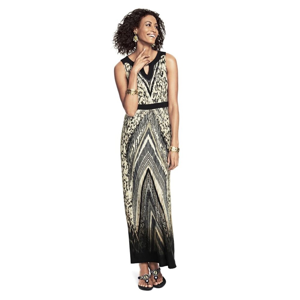 Chicos Womens Chevron Diane Maxi Dress Sze 2 Black Beige Geo Leopard Stretch